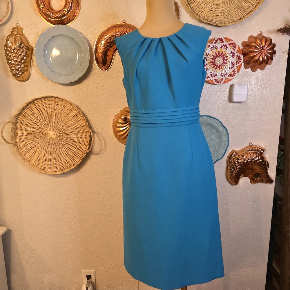 Tahari ASL Teal Pleated Neck Sheath Dress